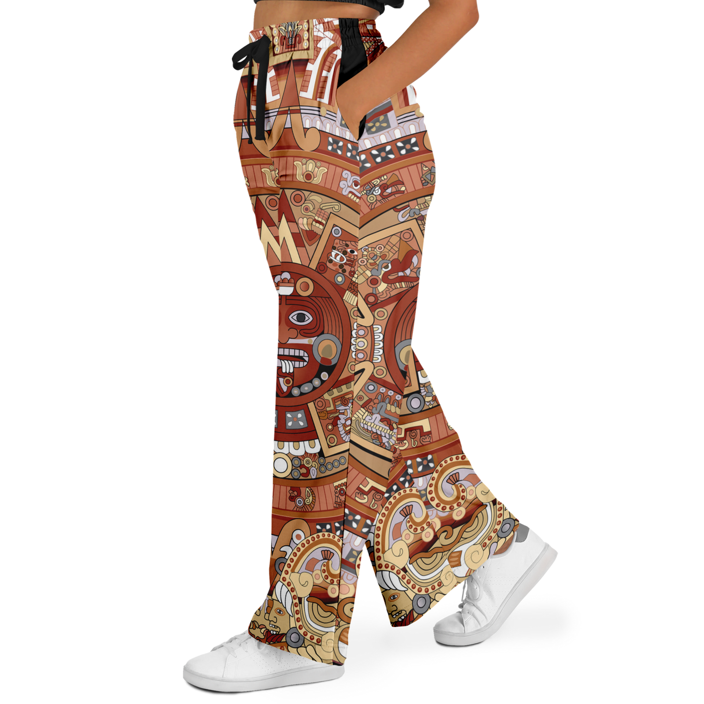 Rust & Tan Aztec Calendar - Flare Fleece Pant