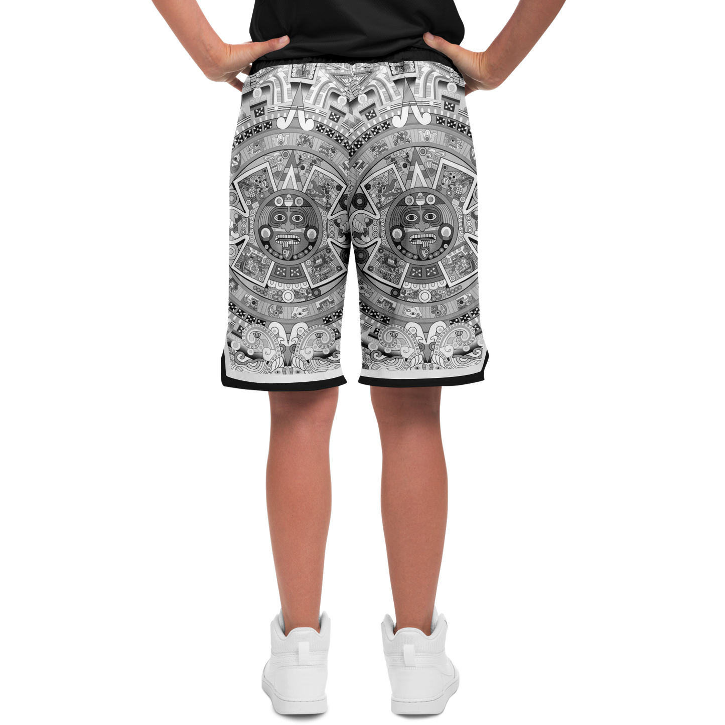 Aztec Calendar (Black & White) 2025 - Unisex Basketball Shorts