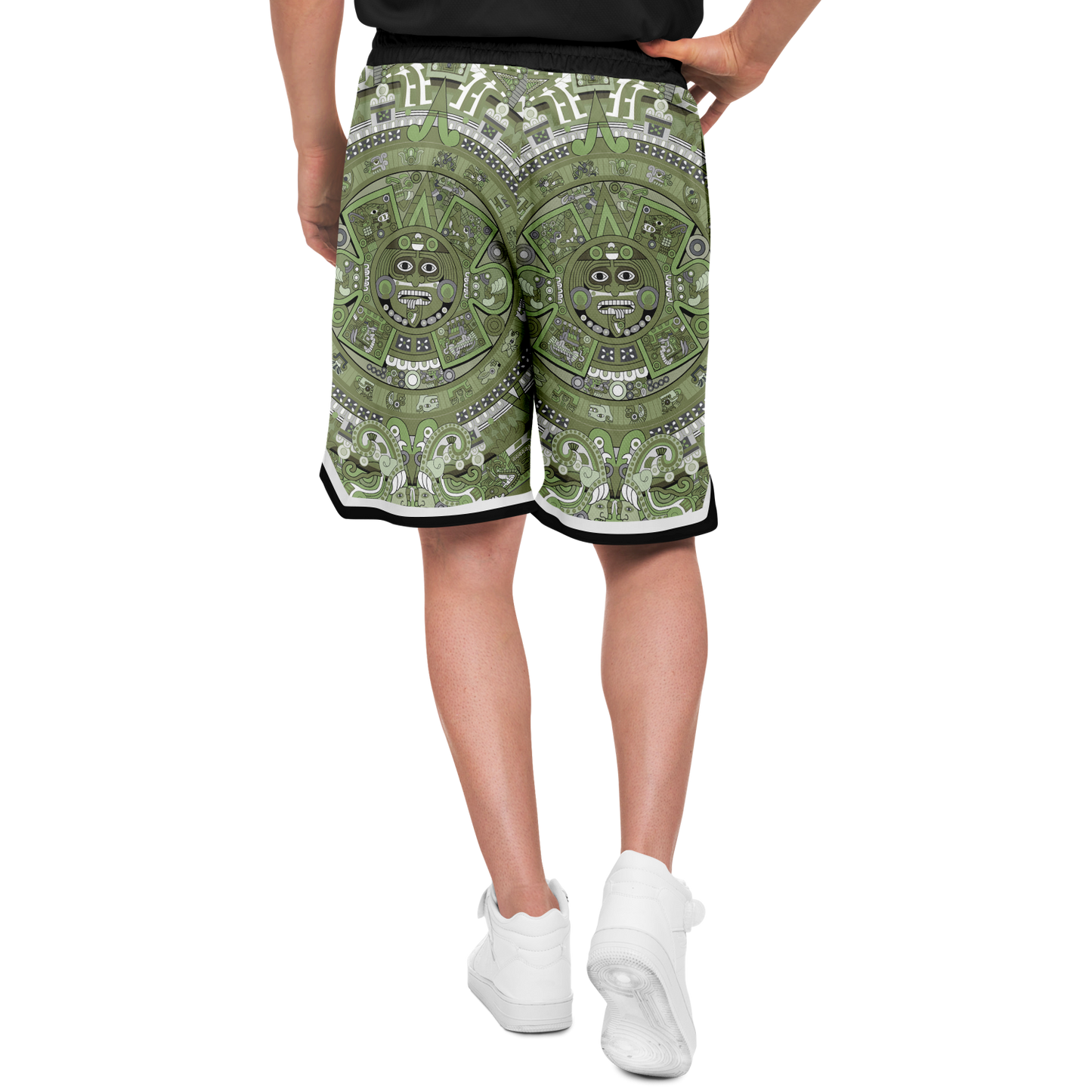 Aztec Calendar (Olive Green, Black, White) 2025 - Unisex Basketball Shorts