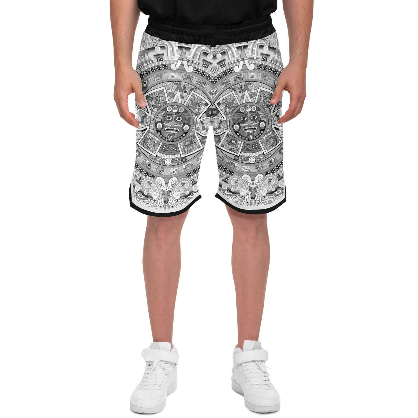 Aztec Calendar (Black & White) 2025 - Unisex Basketball Shorts