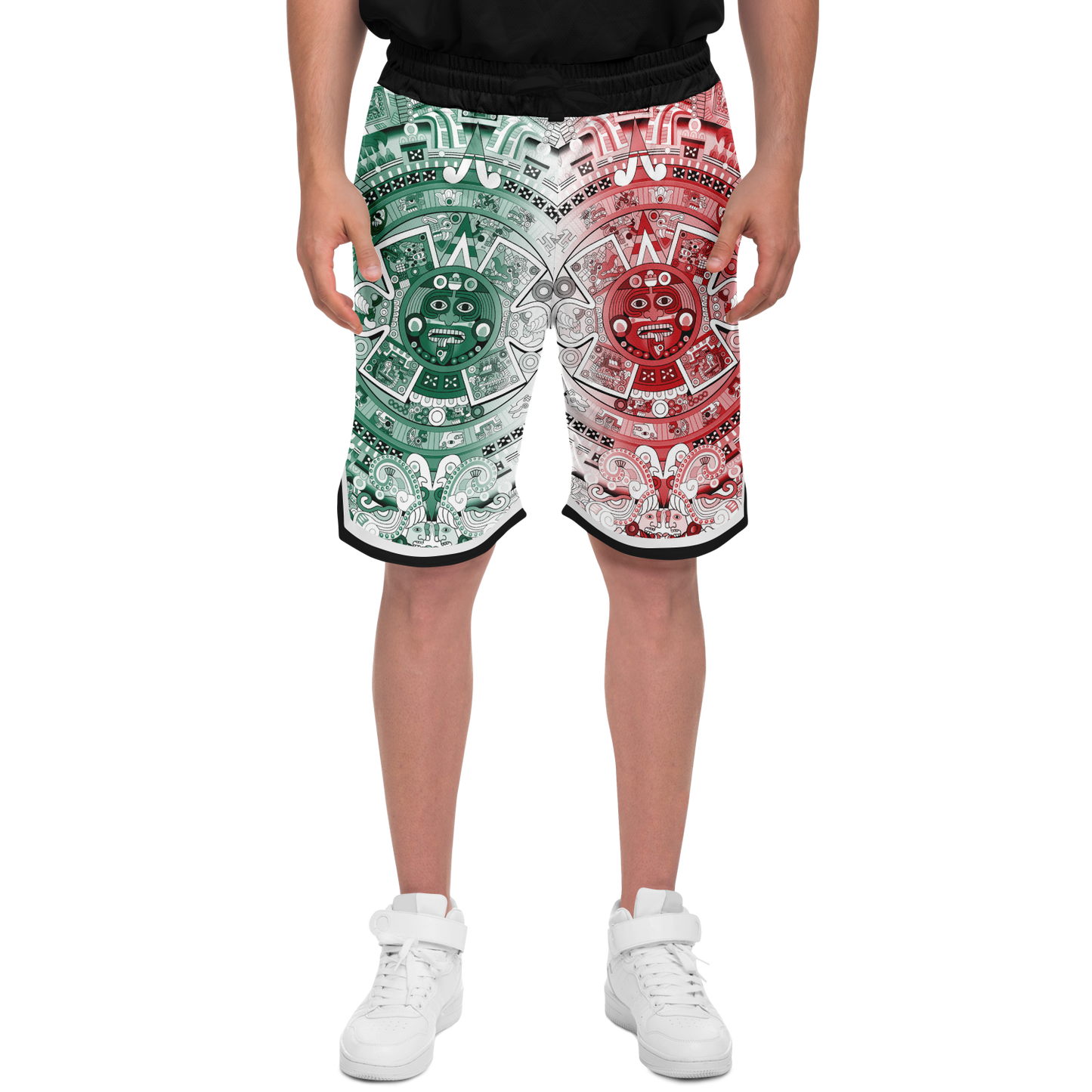 Aztec Calendar (Mexico flag colors) 2025 - Unisex Basketball Shorts