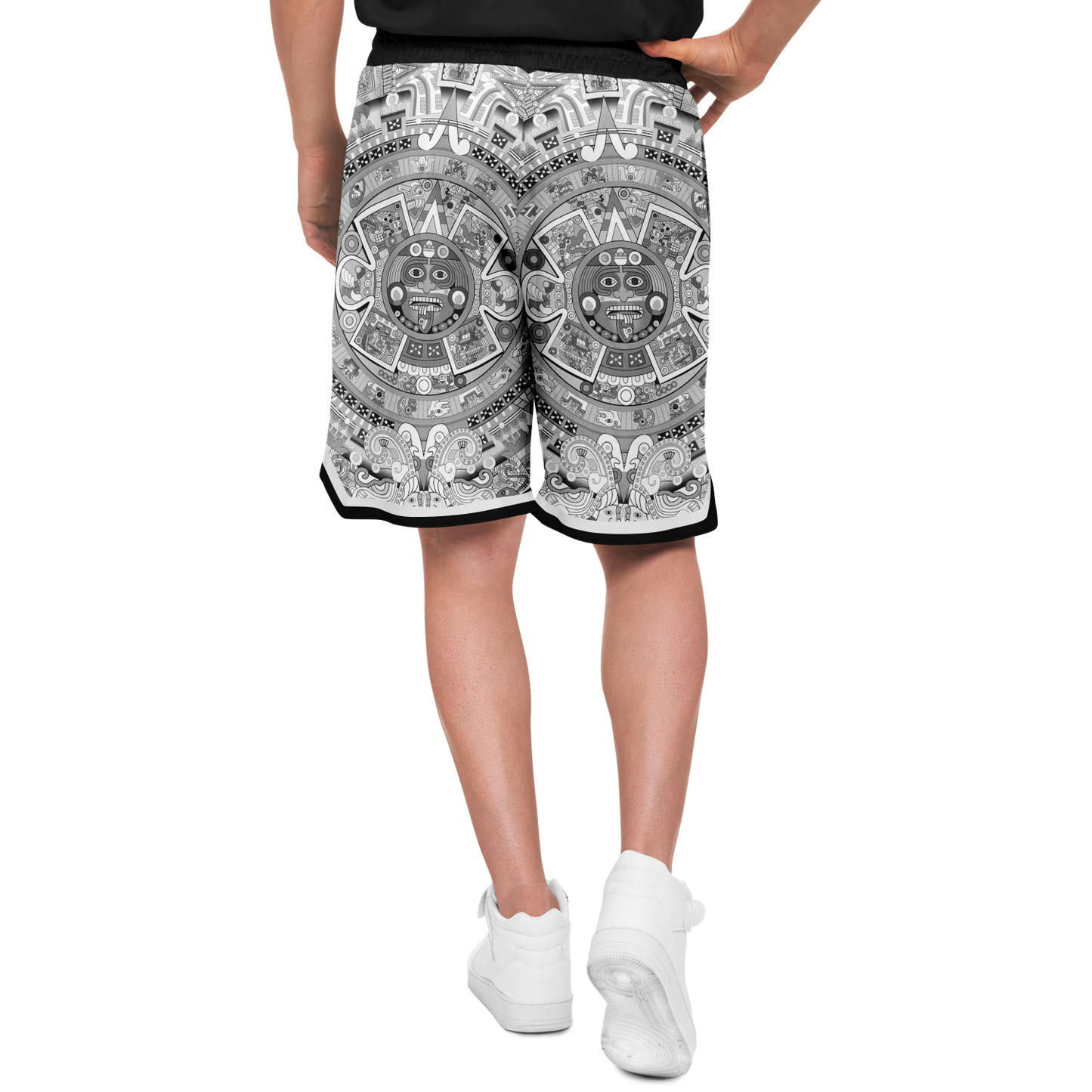Aztec Calendar (Black & White) 2025 - Unisex Basketball Shorts