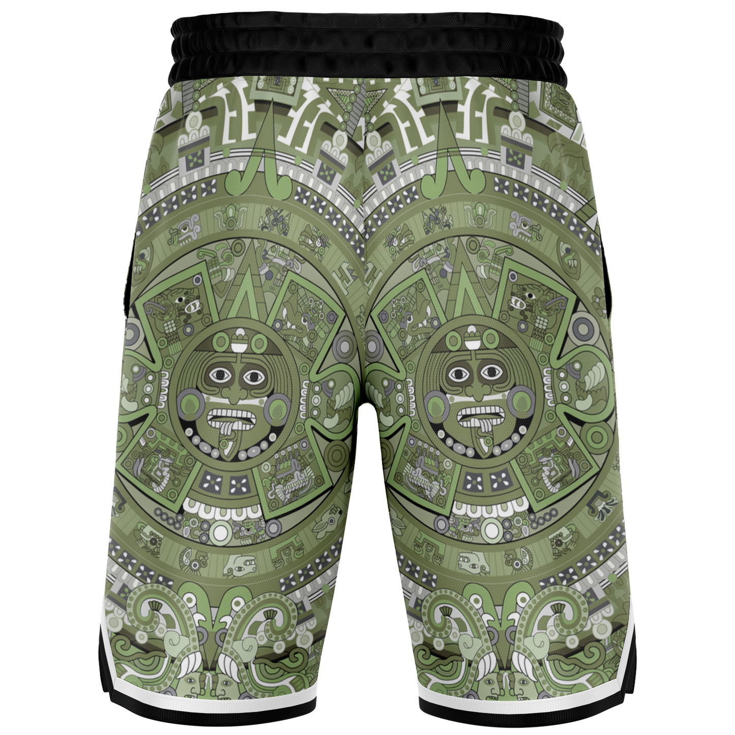 Aztec Calendar (Olive Green, Black, White) 2025 - Unisex Basketball Shorts