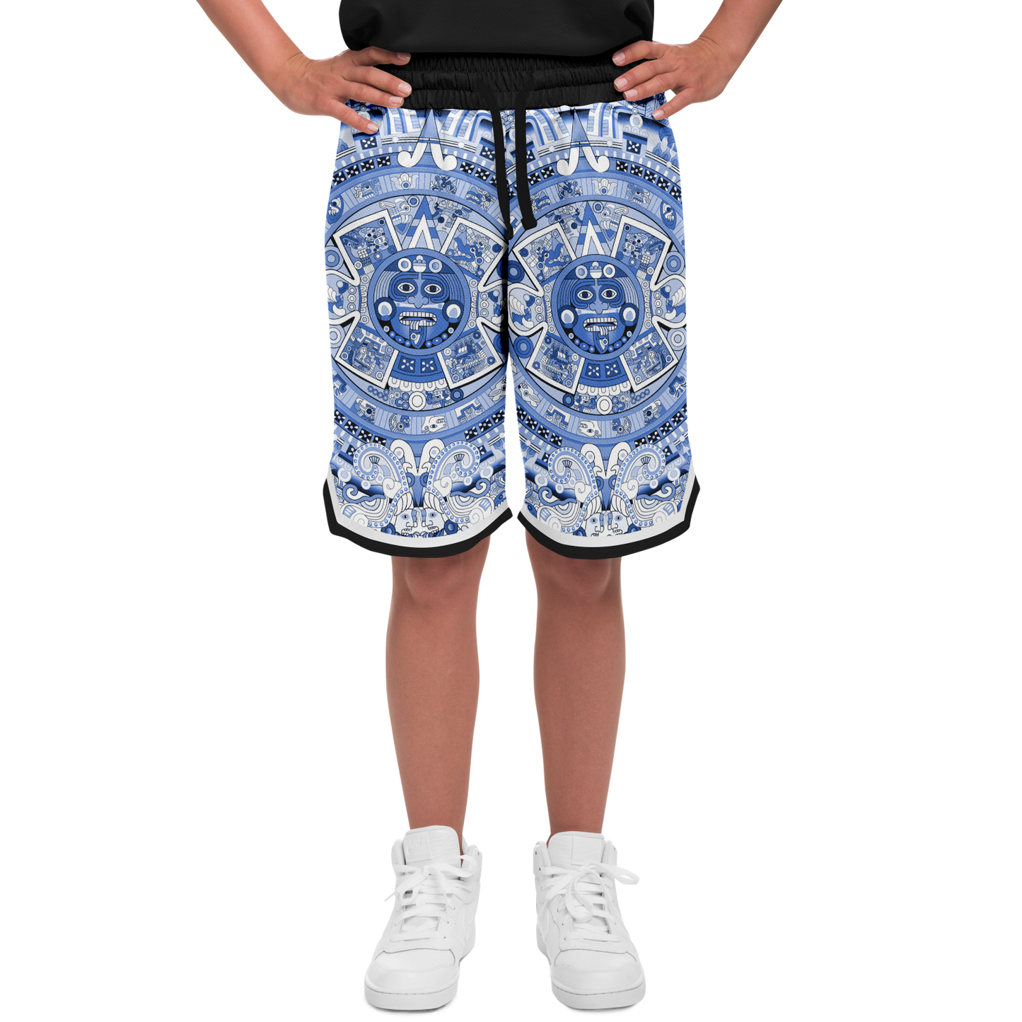 Aztec Calendar (Blue & White) 2025 - Unisex Basketball Shorts