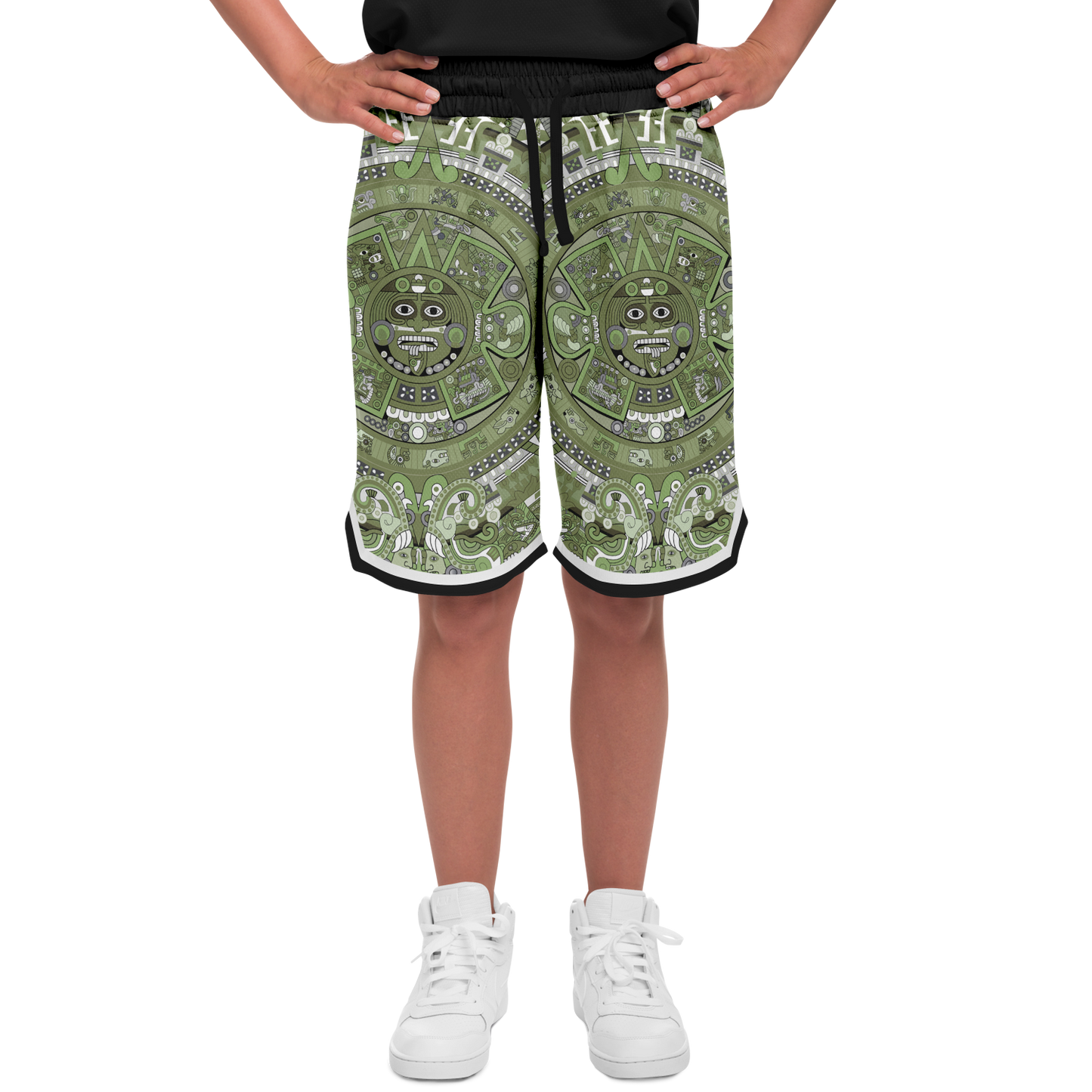 Aztec Calendar (Olive Green, Black, White) 2025 - Unisex Basketball Shorts