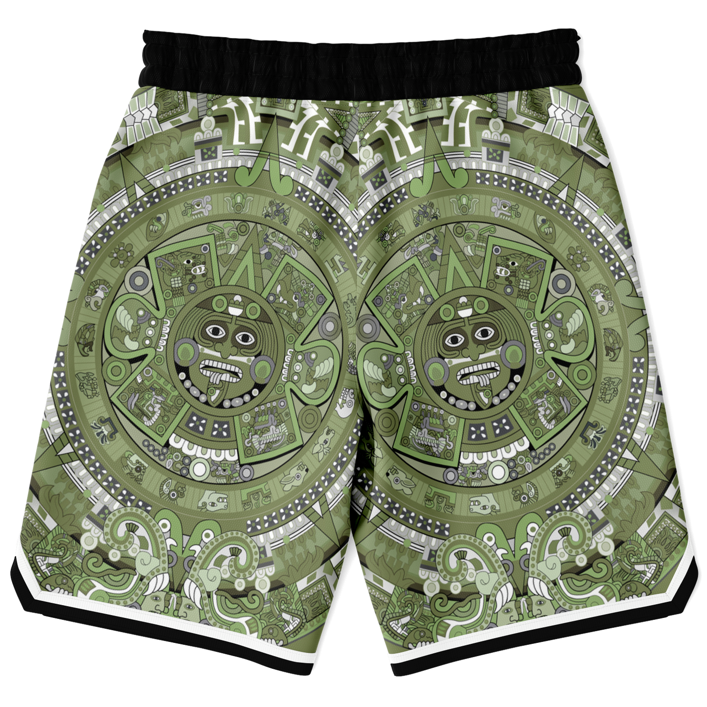 Aztec Calendar (Olive Green, Black, White) 2025 - Unisex Basketball Shorts
