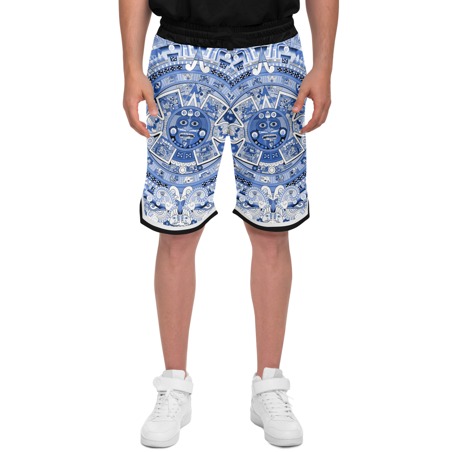 Aztec Calendar (Blue & White) 2025 - Unisex Basketball Shorts