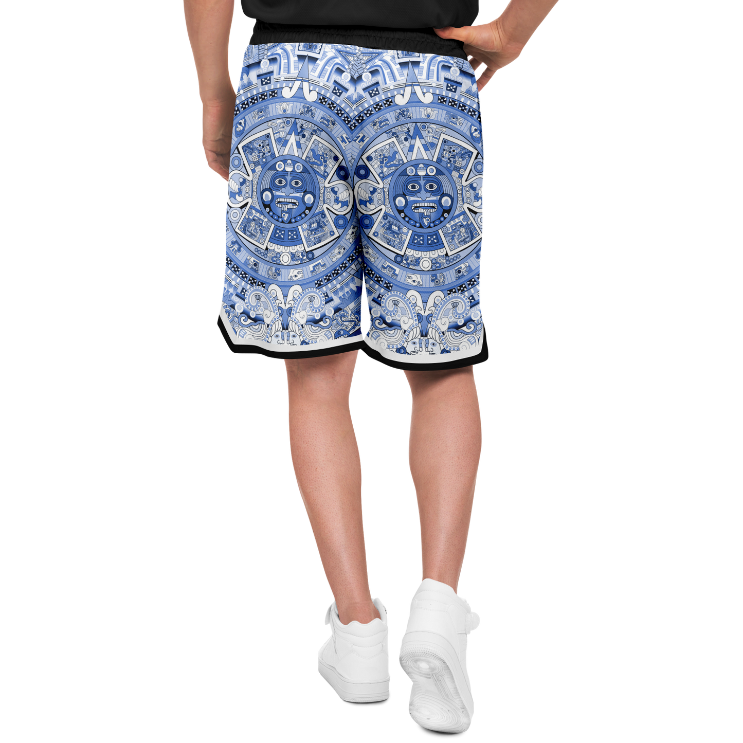 Aztec Calendar (Blue & White) 2025 - Unisex Basketball Shorts