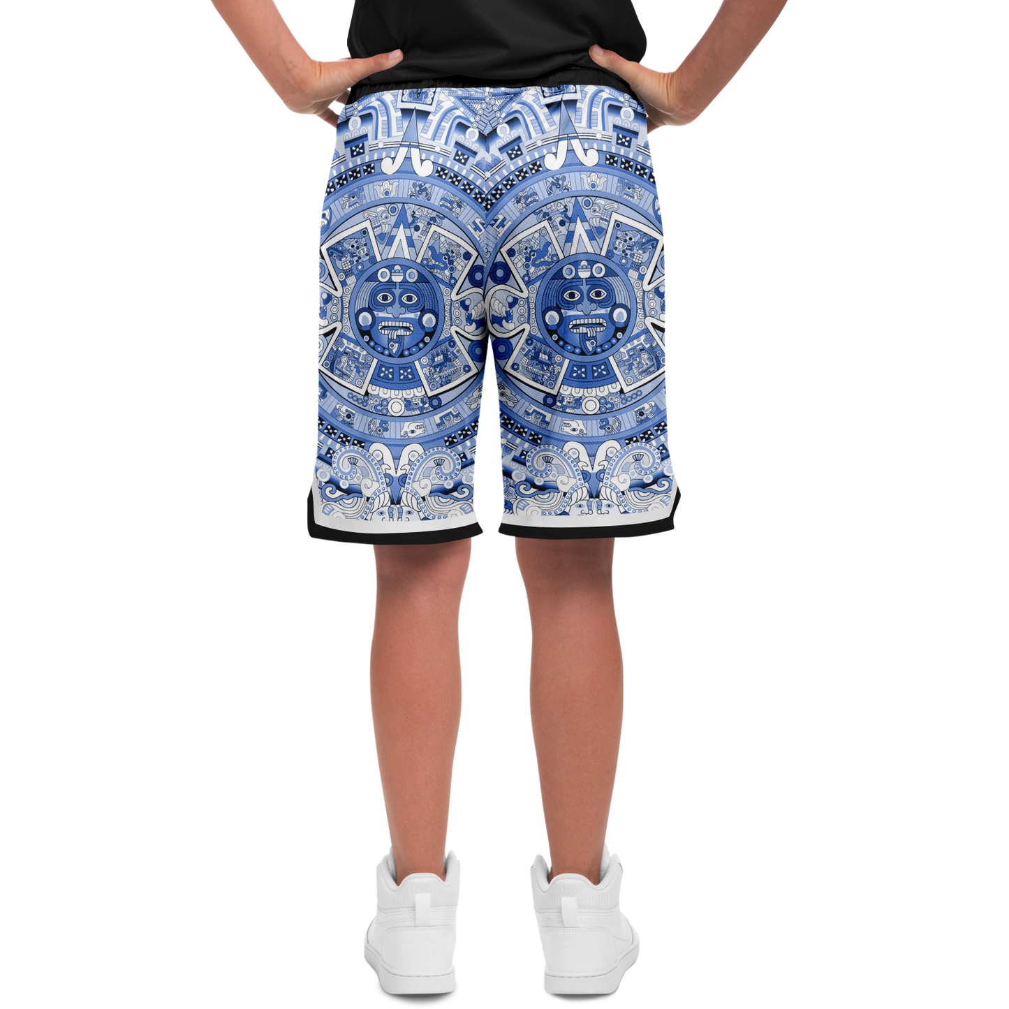 Aztec Calendar (Blue & White) 2025 - Unisex Basketball Shorts