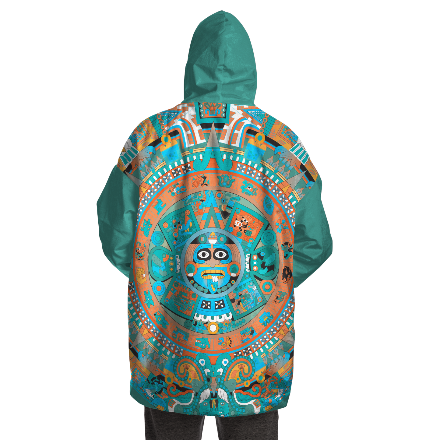 Aztec Calendar (Turquoise Jade & Orange Namor Colors) - Cobija Hoodie
