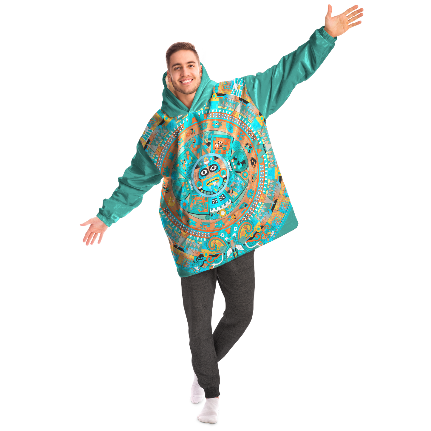 Aztec Calendar (Turquoise Jade & Orange Namor Colors) - Cobija Hoodie