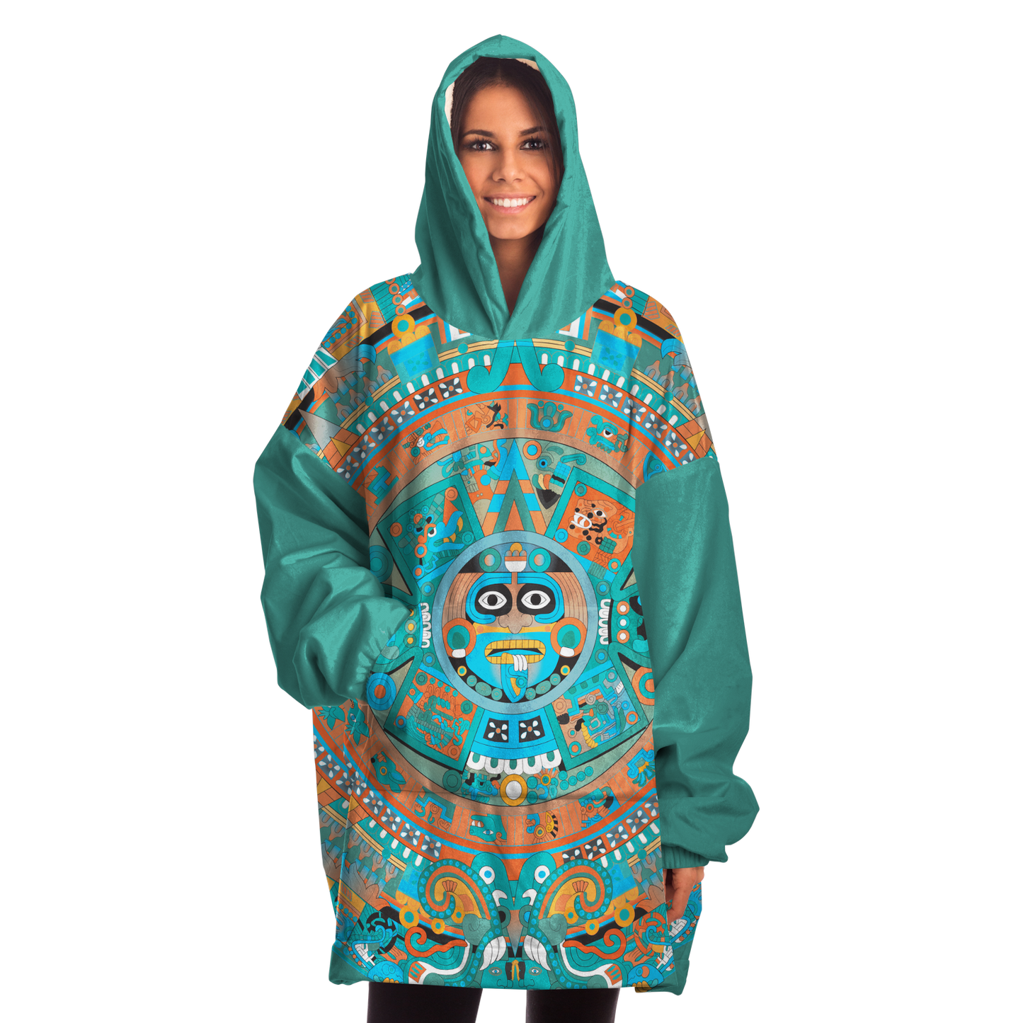 Aztec Calendar (Turquoise Jade & Orange Namor Colors) - Cobija Hoodie
