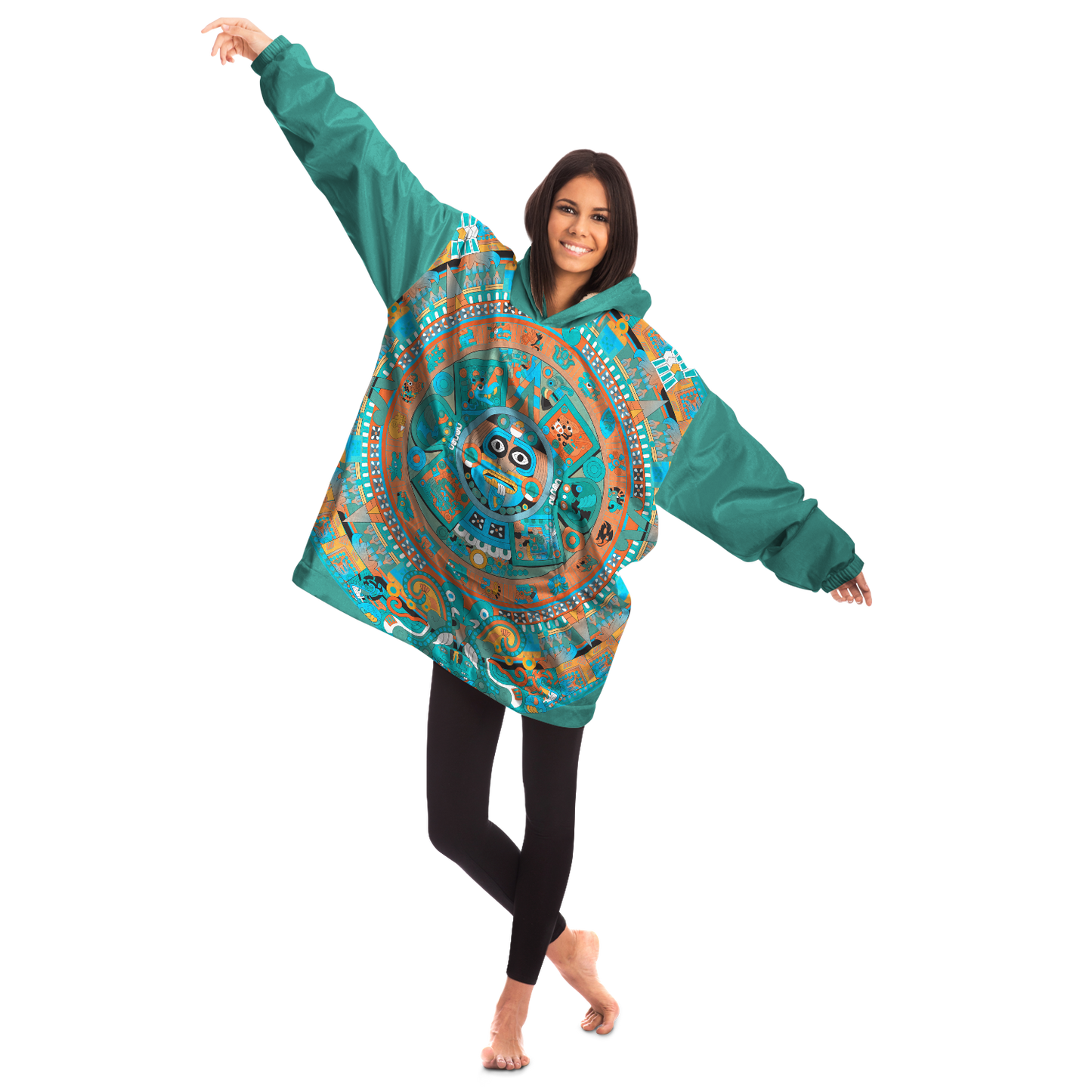 Aztec Calendar (Turquoise Jade & Orange Namor Colors) - Cobija Hoodie