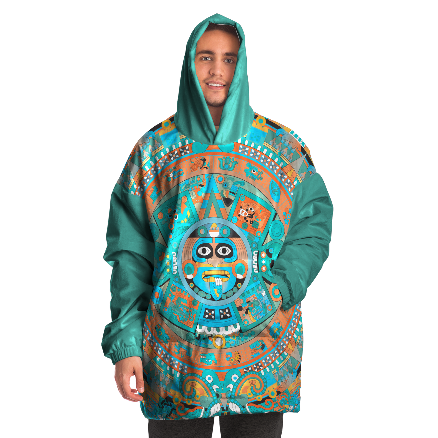 Aztec Calendar (Turquoise Jade & Orange Namor Colors) - Cobija Hoodie