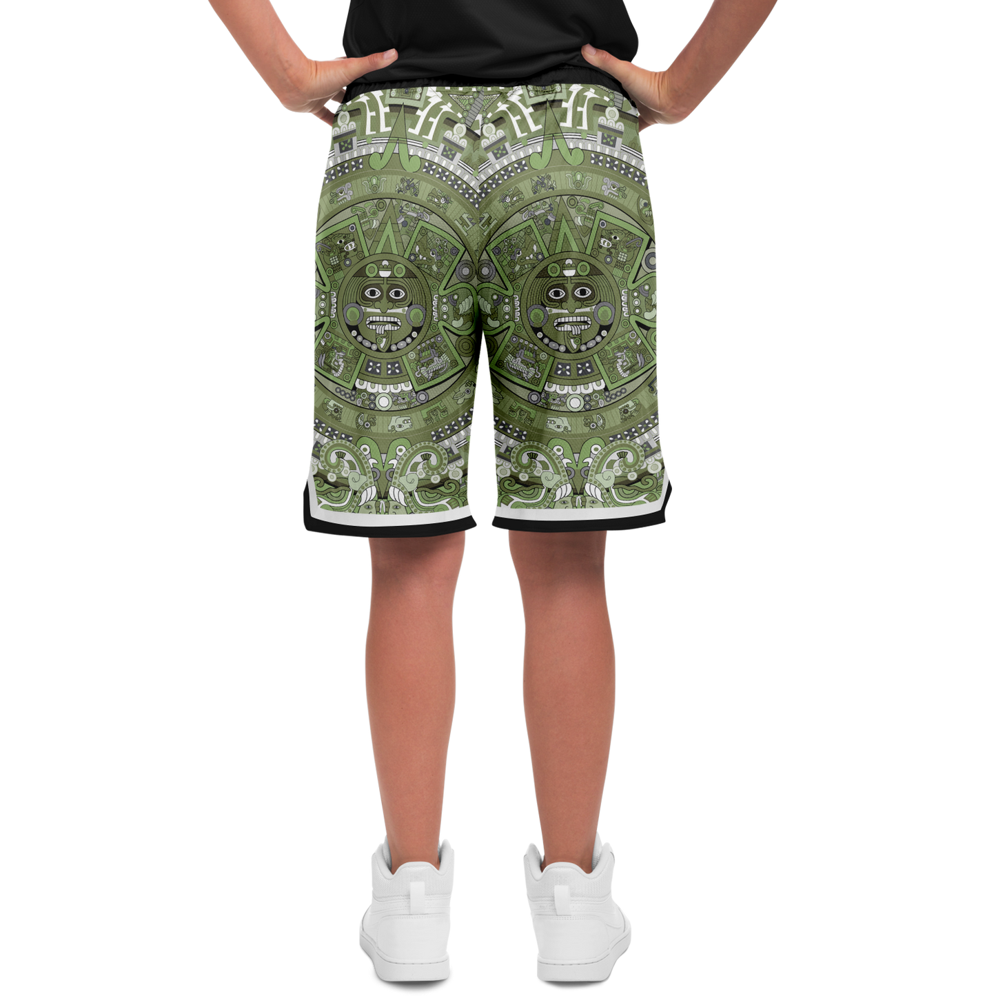 Aztec Calendar (Olive Green, Black, White) 2025 - Unisex Basketball Shorts