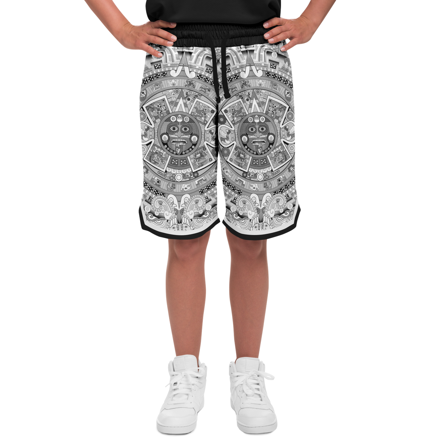 Aztec Calendar (Black & White) 2025 - Unisex Basketball Shorts