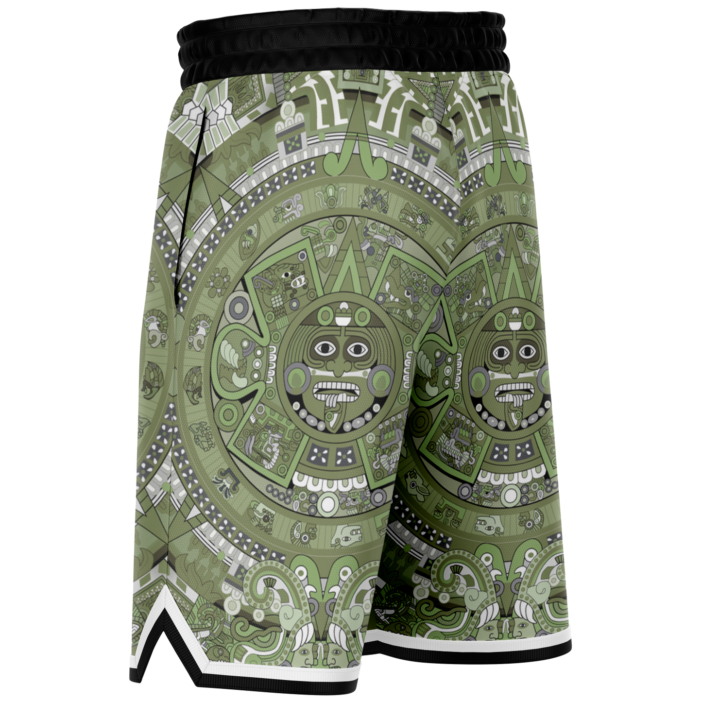 Aztec Calendar (Olive Green, Black, White) 2025 - Unisex Basketball Shorts