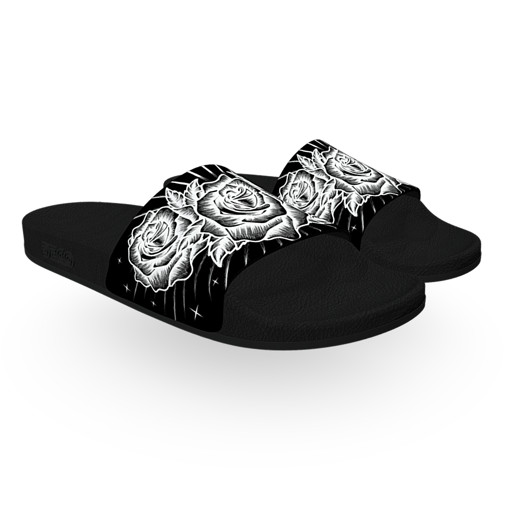 Black and White, Chicano Pen Ink Style Roses - Unisex Slide