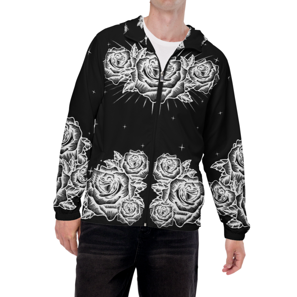 Black and White, Chicano Pen Ink Style Roses - Unisex Waterproof Windbreaker Jacket