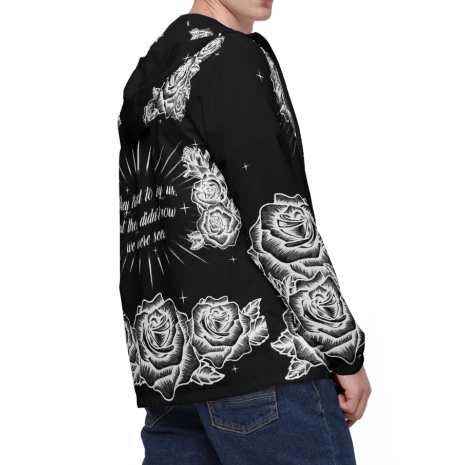 Black and White, Chicano Pen Ink Style Roses - Unisex Waterproof Windbreaker Jacket