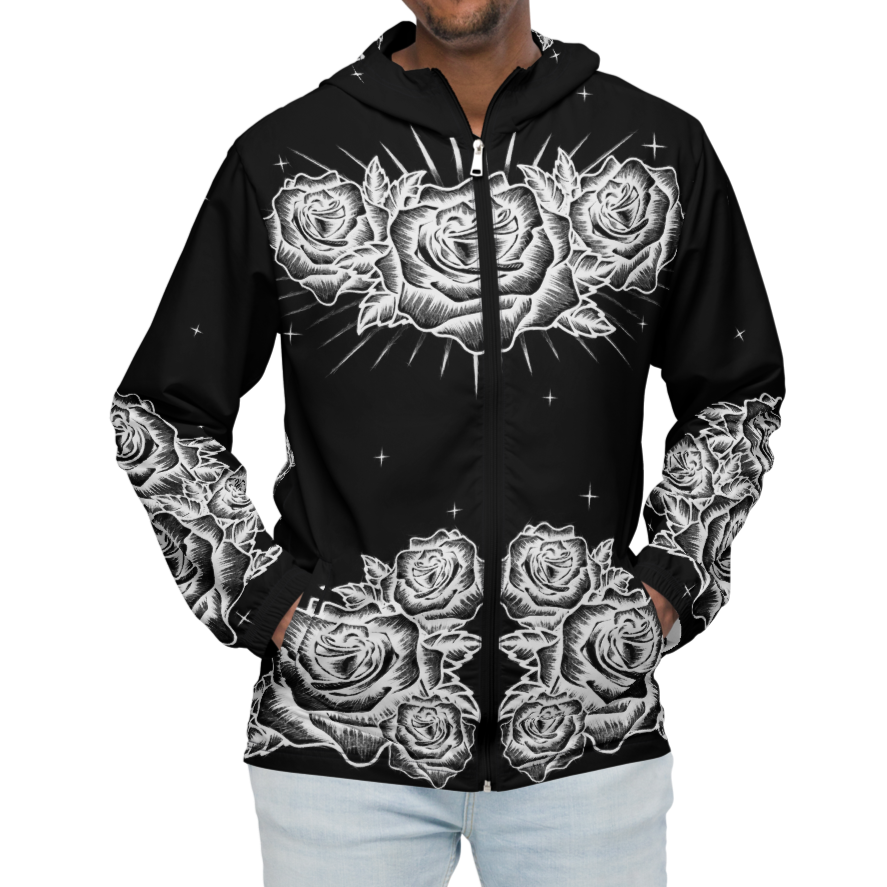 Black and White, Chicano Pen Ink Style Roses - Unisex Waterproof Windbreaker Jacket