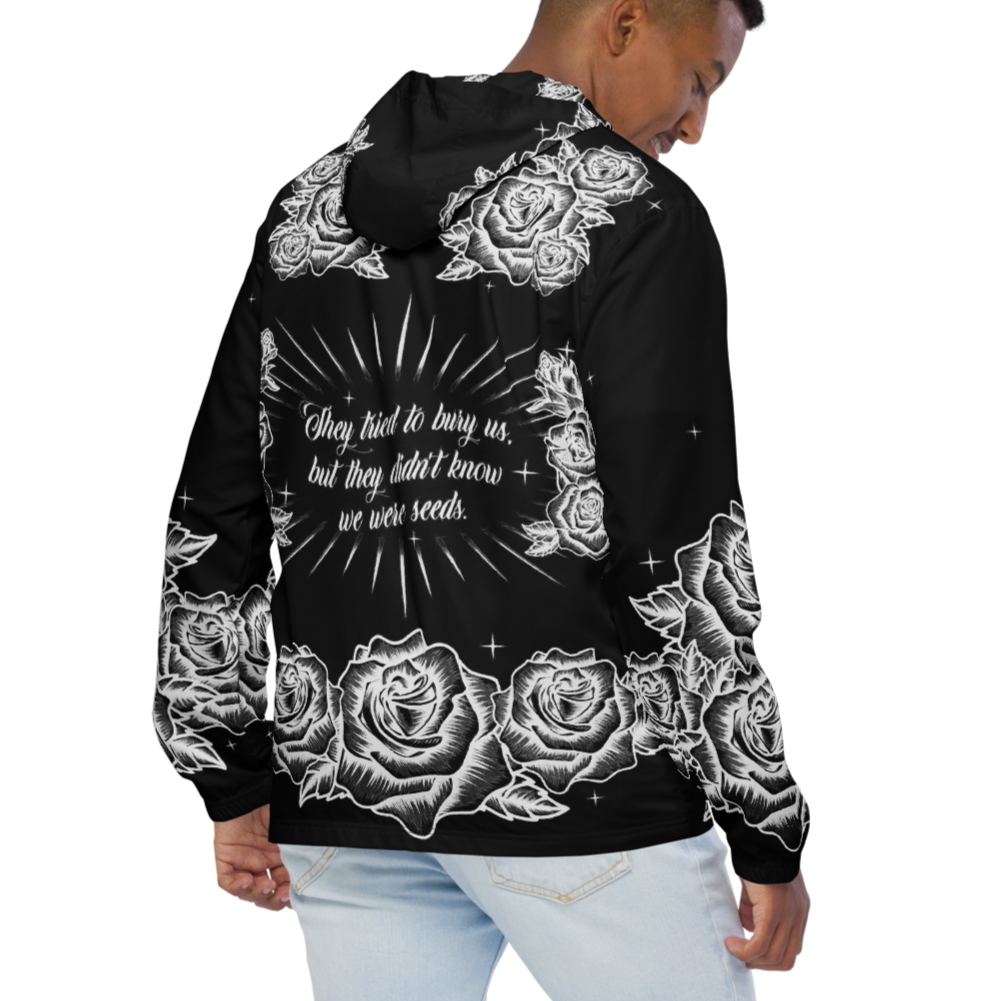Black and White, Chicano Pen Ink Style Roses - Unisex Waterproof Windbreaker Jacket