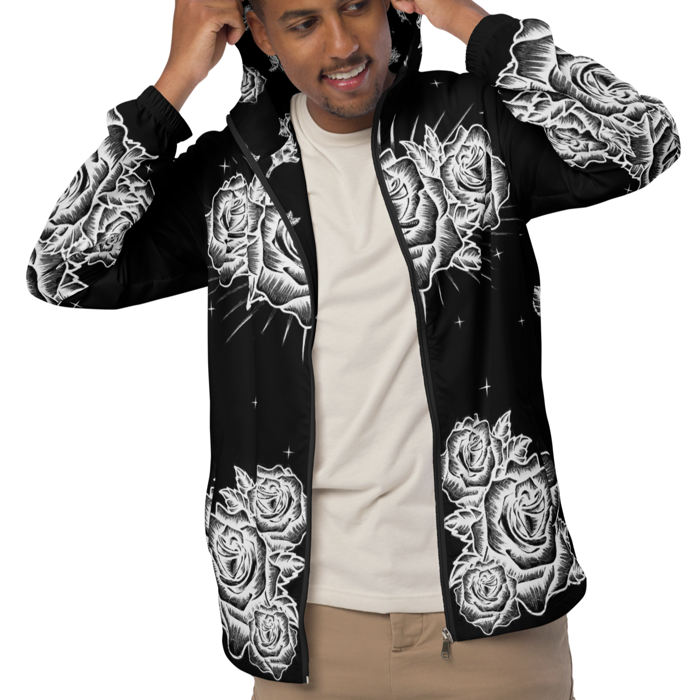 Black and White, Chicano Pen Ink Style Roses - Unisex Waterproof Windbreaker Jacket