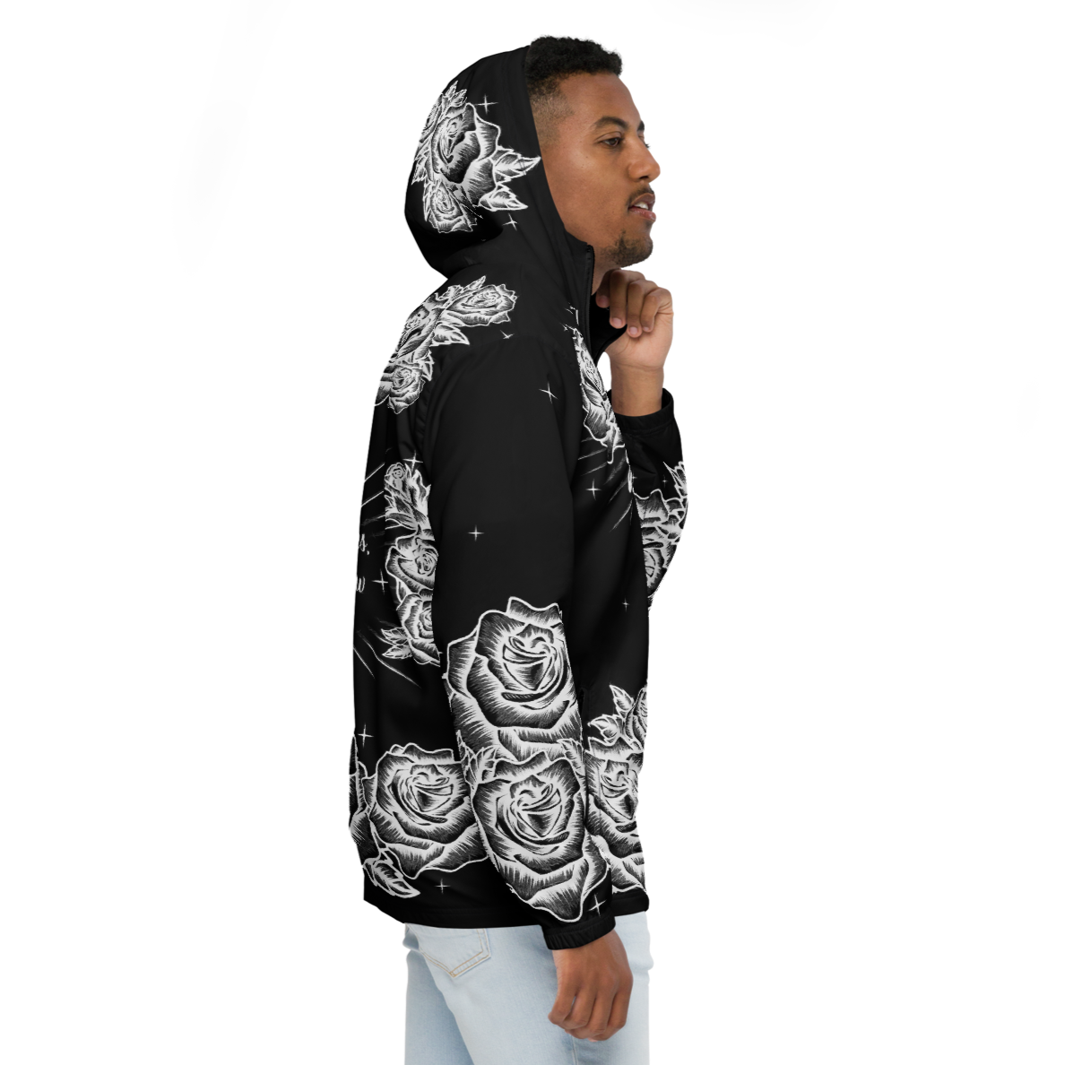 Black and White, Chicano Pen Ink Style Roses - Unisex Waterproof Windbreaker Jacket