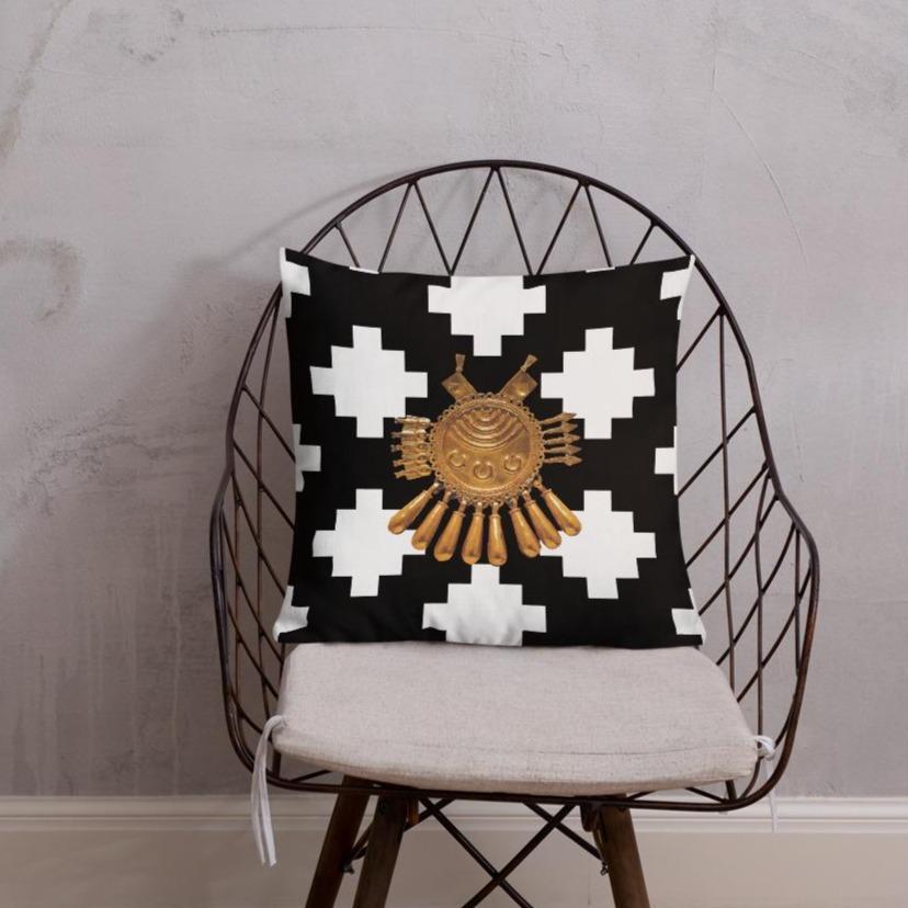 Black & White Mexica Pattern (with Gold Chimalli) - Premium Pillow (3 sizes)