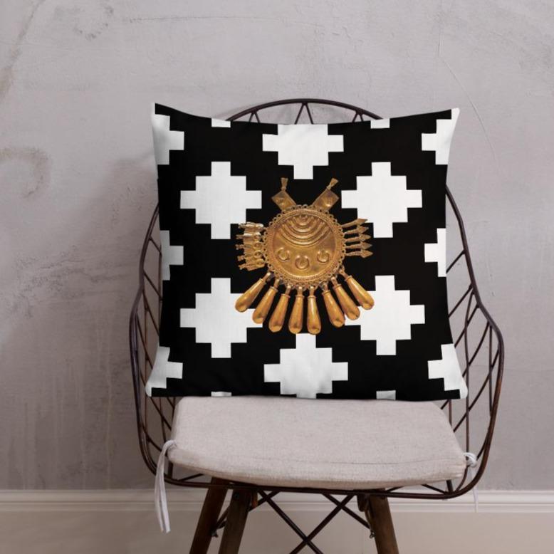 Black & White Mexica Pattern (with Gold Chimalli) - Premium Pillow (3 sizes)