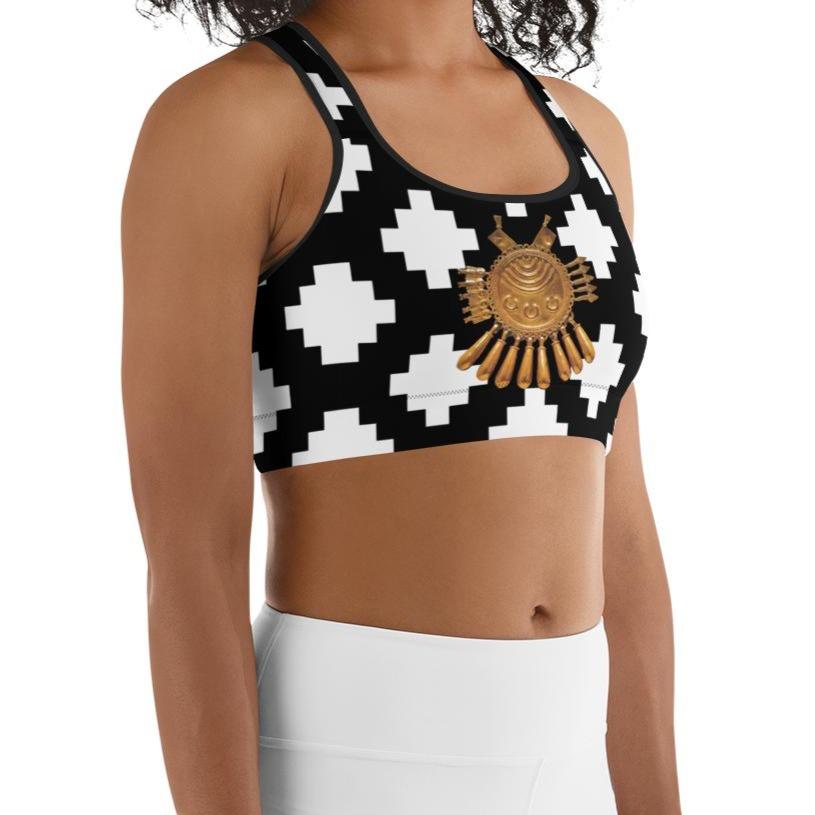 Black & White Mexica Pattern (with Gold Chimalli) - Sports bra