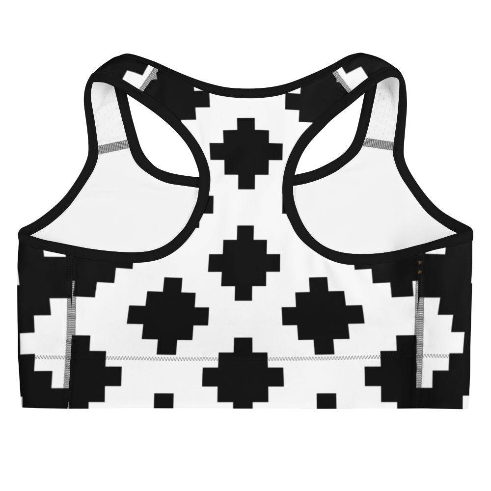 Black & White Mexica Pattern (with Gold Chimalli) - Sports bra
