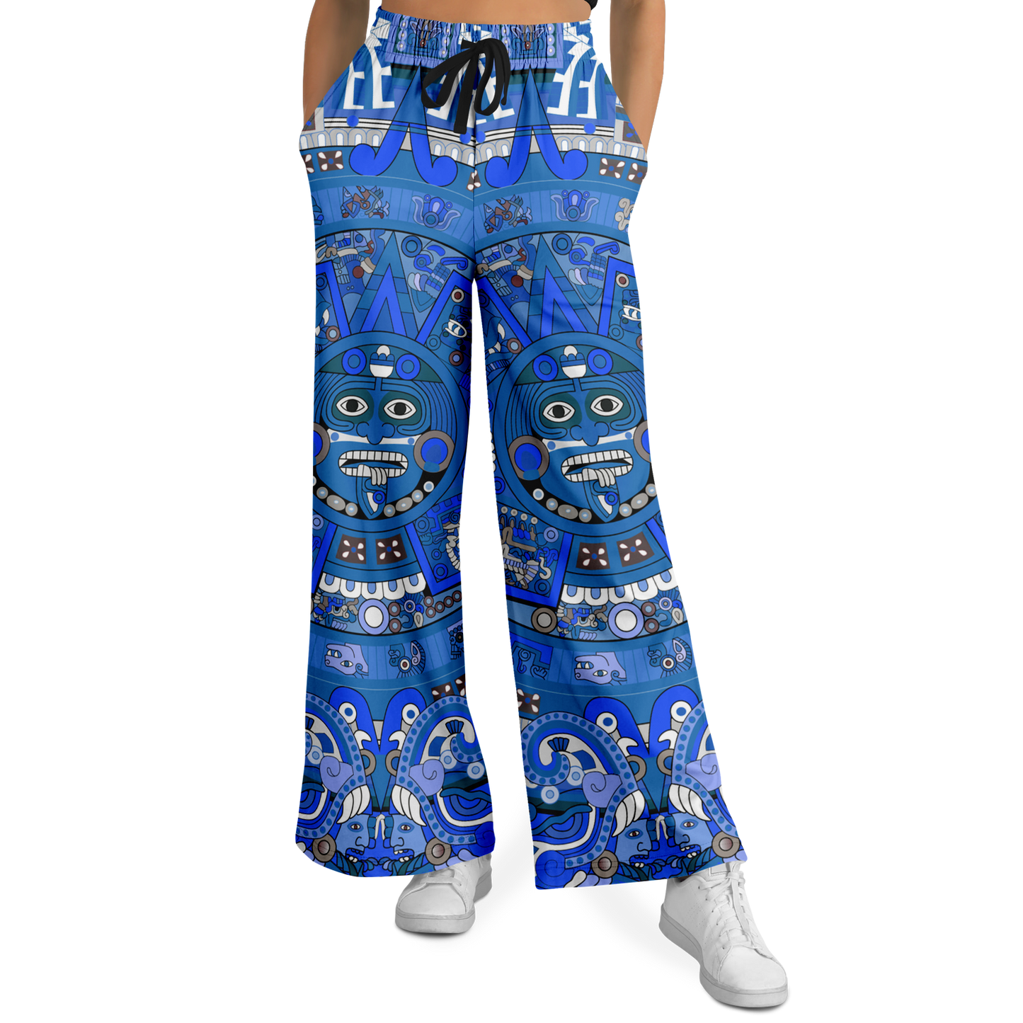 Blue & Black Aztec Calendar - Flare Fleece Pant