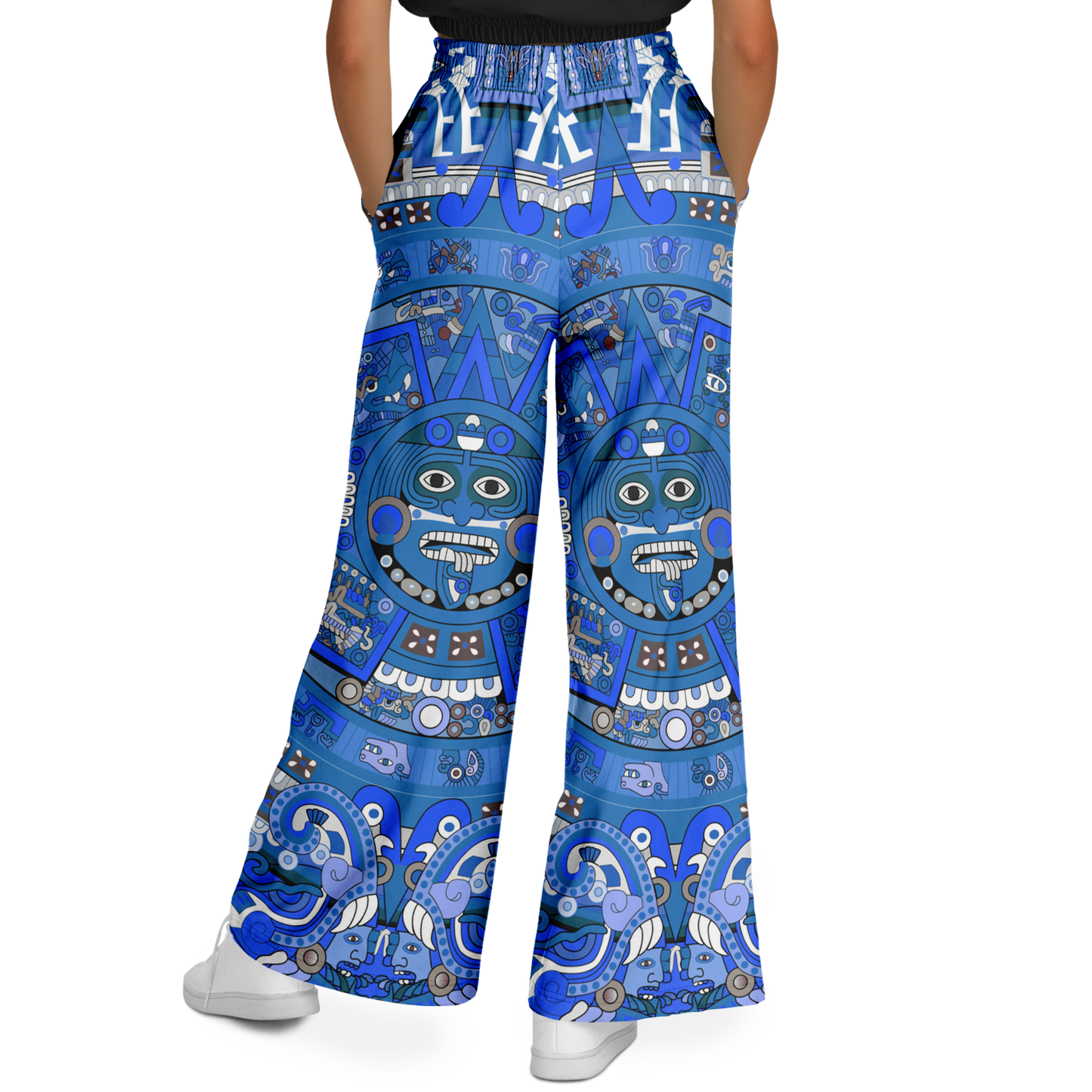 Blue & Black Aztec Calendar - Flare Fleece Pant