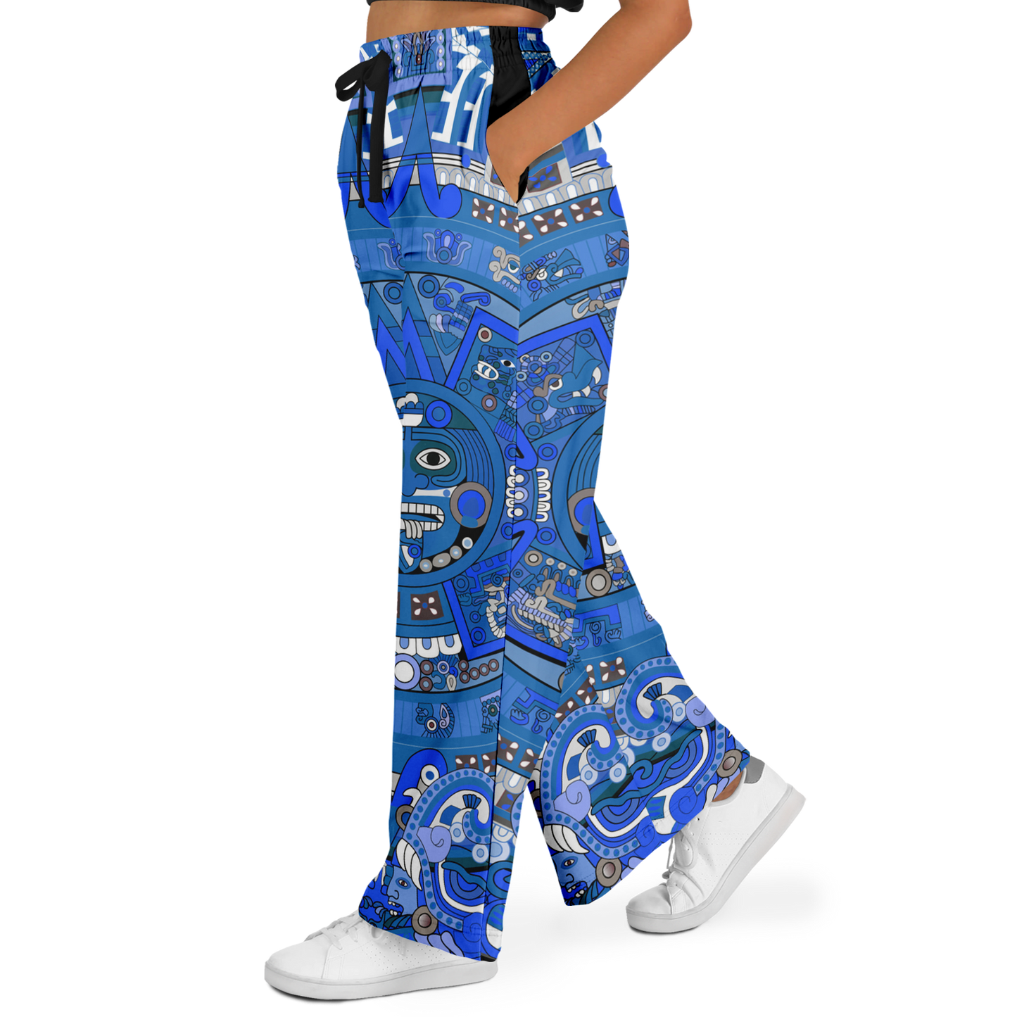 Blue & Black Aztec Calendar - Flare Fleece Pant