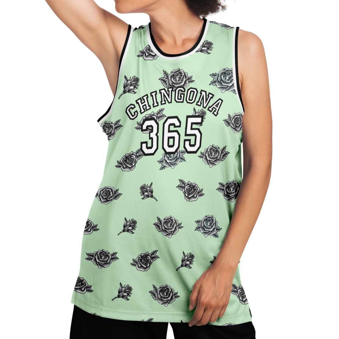 Chingona 365 with Roses - Soft Mint Basketball Jersey