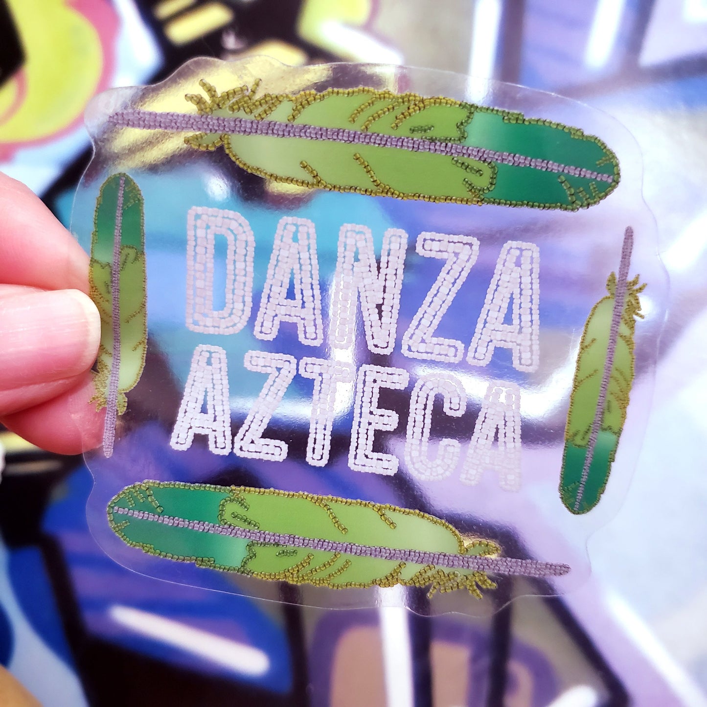 Danza Azteca Green Macaw Feathers (Digital Beadwork) - Clear Sticker