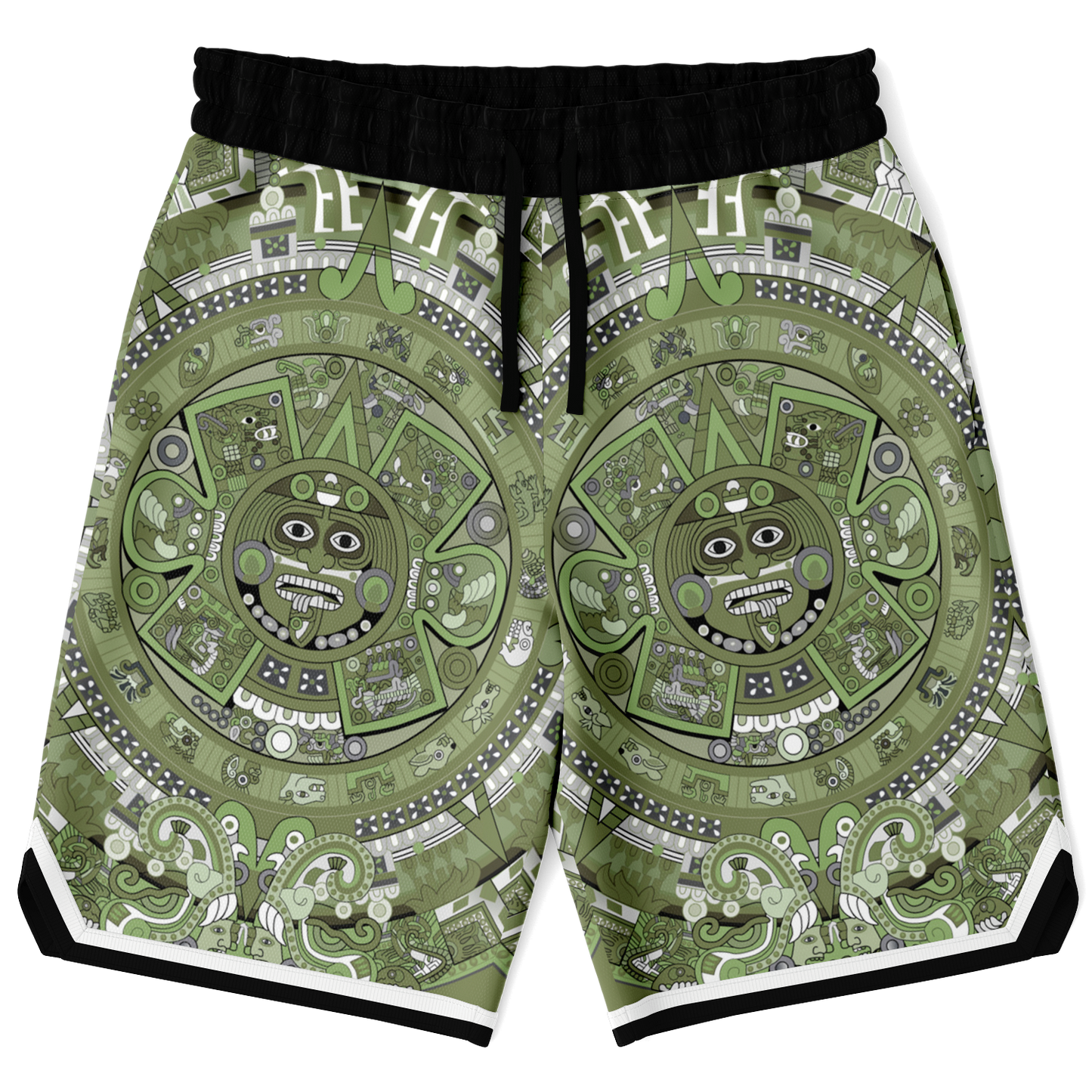 Aztec Calendar (Olive Green, Black, White) 2025 - Unisex Basketball Shorts