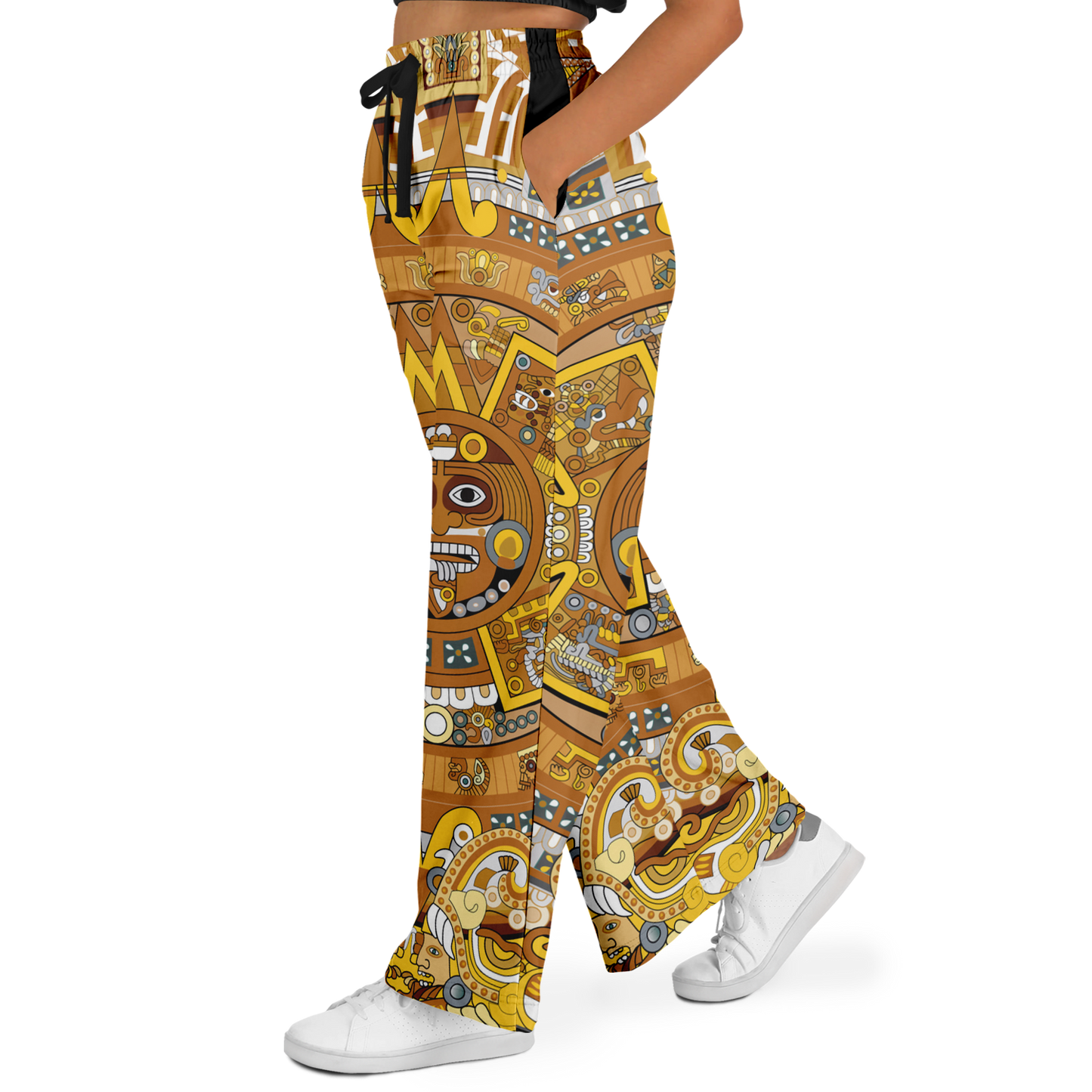 Gold & Black Aztec Calendar - Flare Fleece Pant
