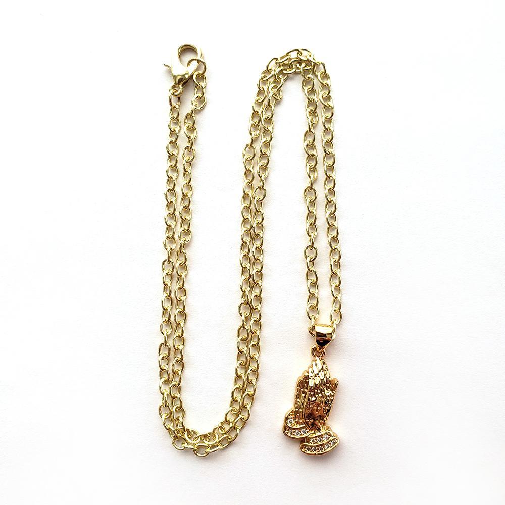 Gold Prayer Hands with Cubic Zirconia Pendant - Necklace