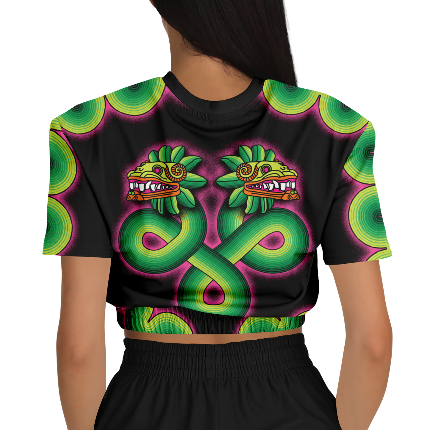 Green and Pink Quetzalcoatl - Cropped Short Sleeve Fleece Top
