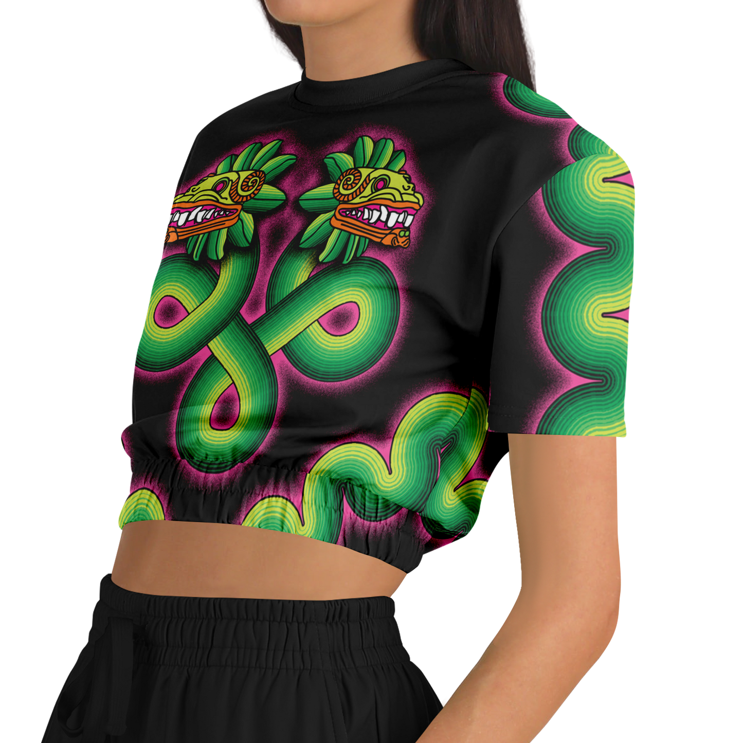 Green and Pink Quetzalcoatl - Cropped Short Sleeve Fleece Top