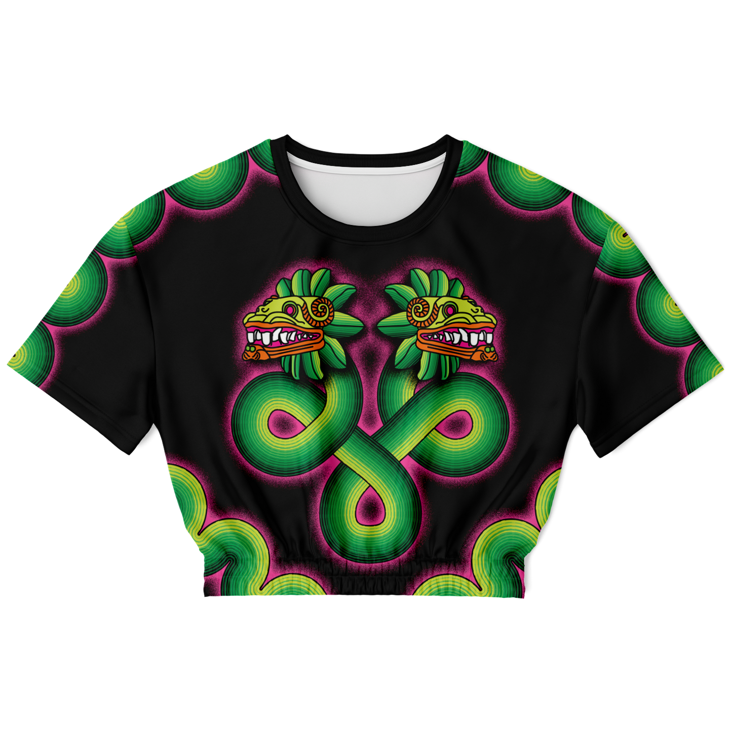 Green and Pink Quetzalcoatl - Cropped Short Sleeve Fleece Top