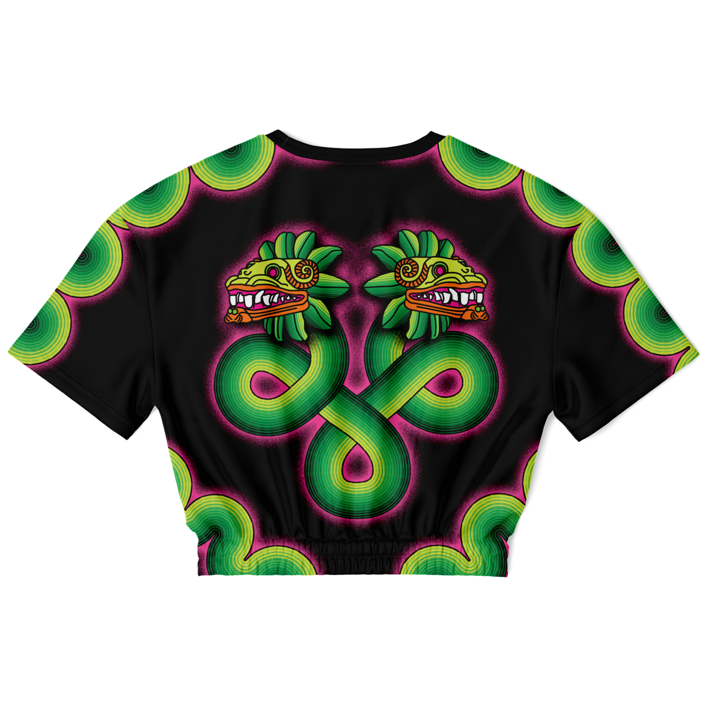 Green and Pink Quetzalcoatl - Cropped Short Sleeve Fleece Top