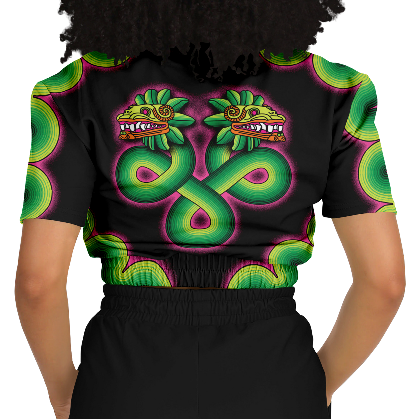 Green and Pink Quetzalcoatl - Cropped Short Sleeve Fleece Top