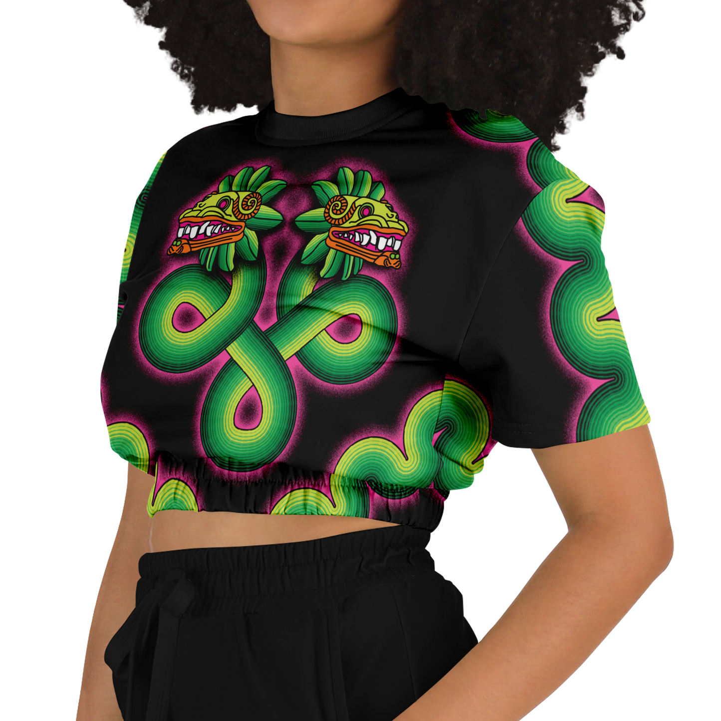 Green and Pink Quetzalcoatl - Cropped Short Sleeve Fleece Top