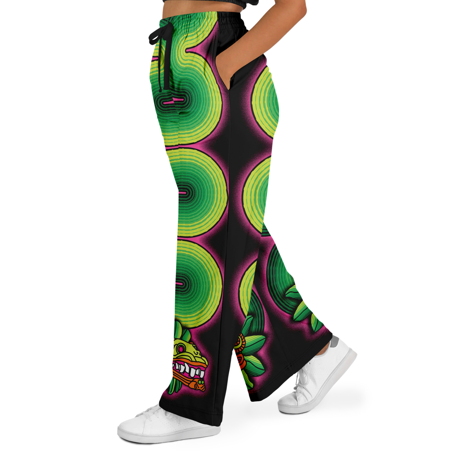 Green and Pink Quetzalcoatl - Flare Fleece Pant