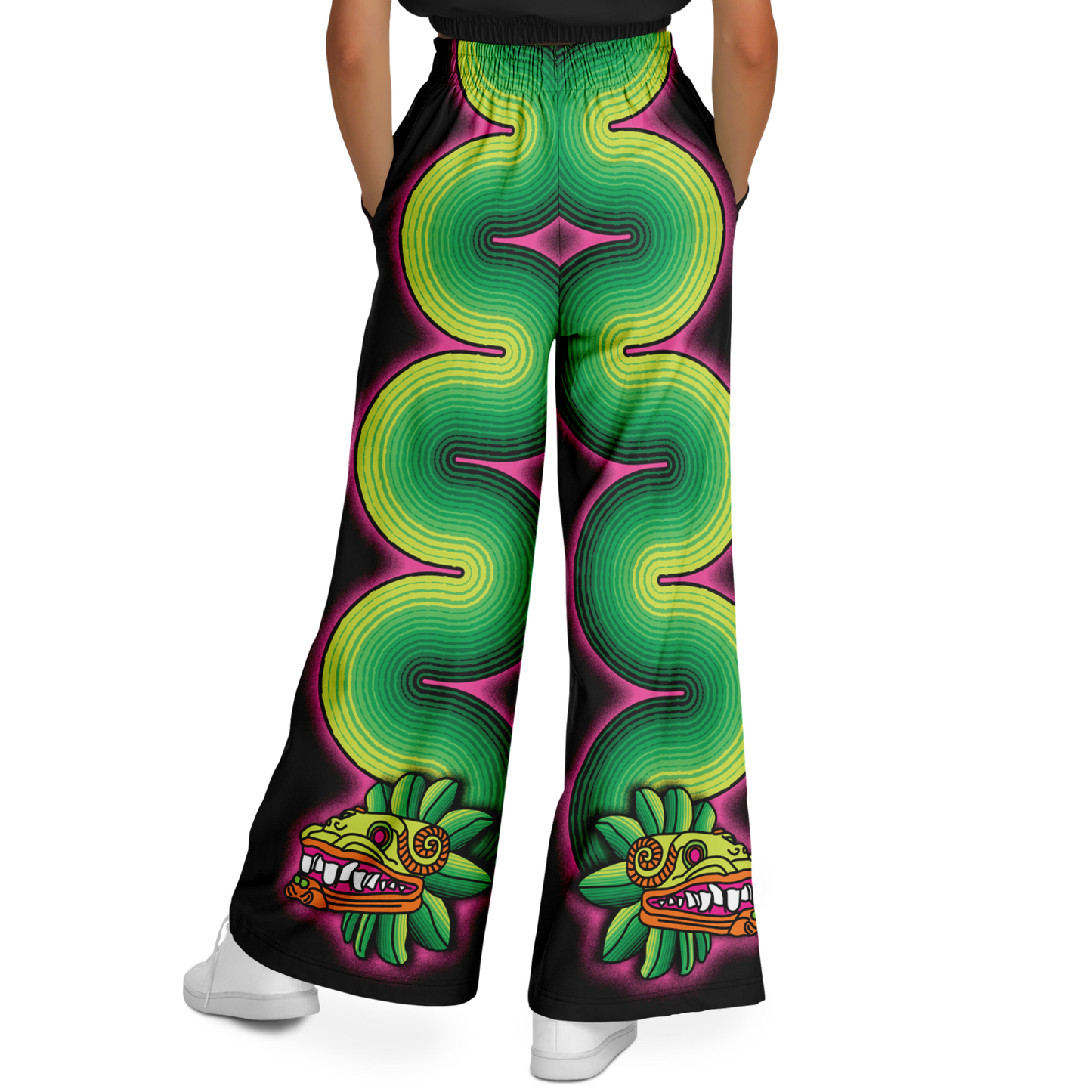 Green and Pink Quetzalcoatl - Flare Fleece Pant