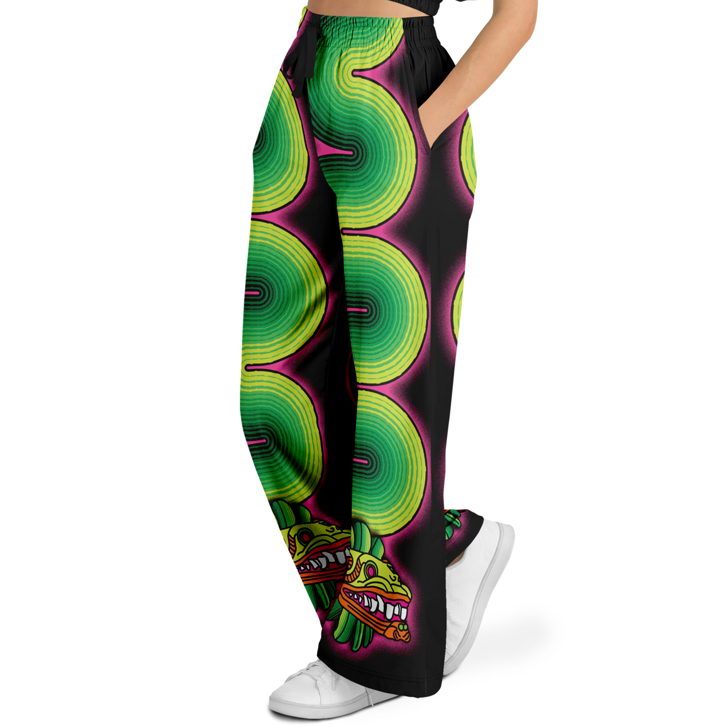 Green and Pink Quetzalcoatl - Flare Fleece Pant