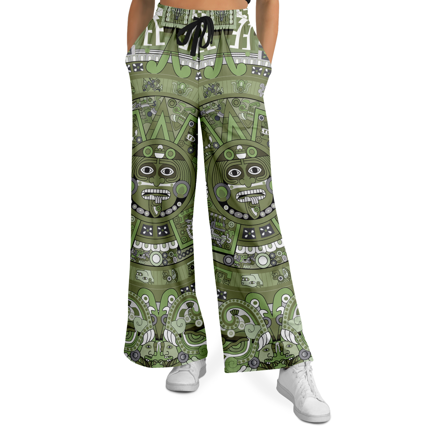 Green & Black Aztec Calendar - Flare Fleece Pant